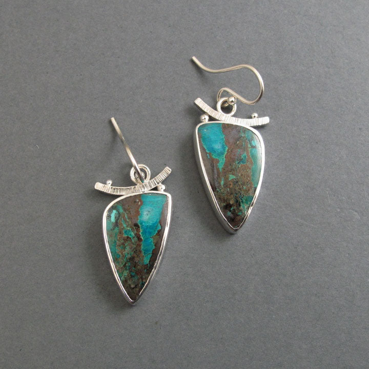 Colorful Blue Green Triangle, Chrysocolla Earrings, Natural Gem Cabochon, Handmade Sterling Silver Drops