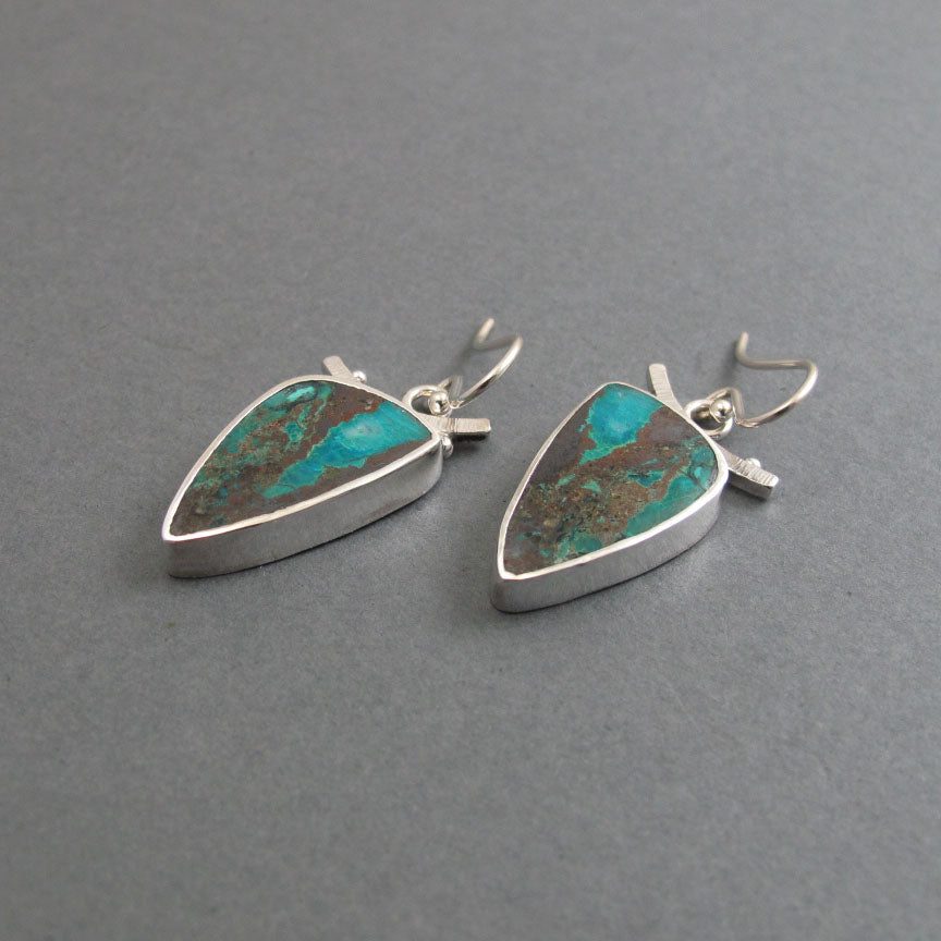 Colorful Blue Green Triangle, Chrysocolla Earrings, Natural Gem Cabochon, Handmade Sterling Silver Drops