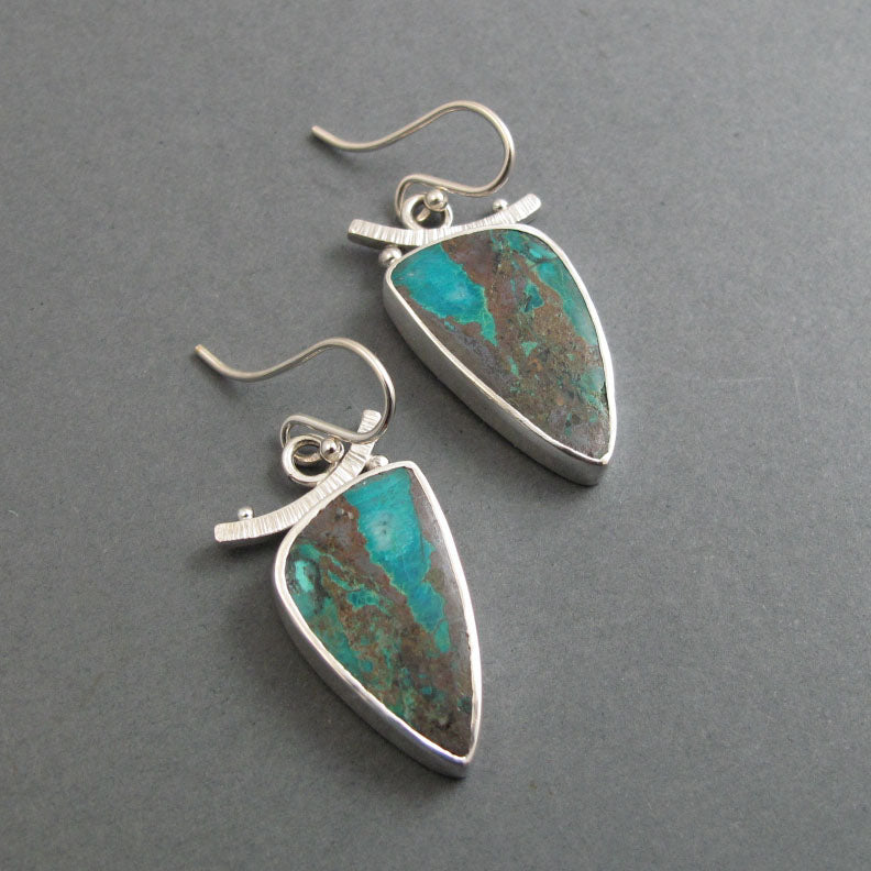 Colorful Blue Green Triangle, Chrysocolla Earrings, Natural Gem Cabochon, Handmade Sterling Silver Drops