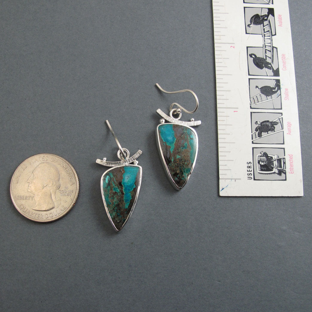 Colorful Blue Green Triangle, Chrysocolla Earrings, Natural Gem Cabochon, Handmade Sterling Silver Drops