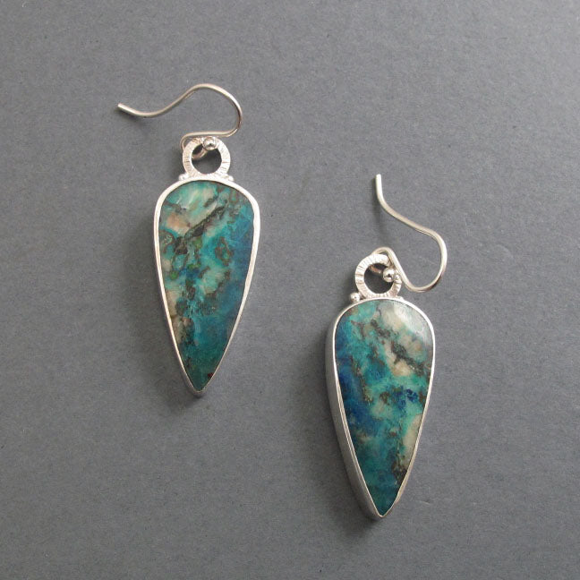 Chrysocolla Dangle Earrings, Sterling Silver, Vivid Blue Green Teardrop Cabochon, Natural Gemstone, Handmade Jewelry