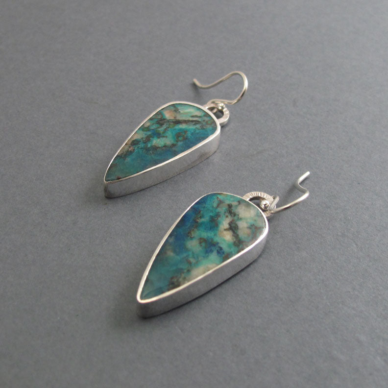 Chrysocolla Dangle Earrings, Sterling Silver, Vivid Blue Green Teardrop Cabochon, Natural Gemstone, Handmade Jewelry