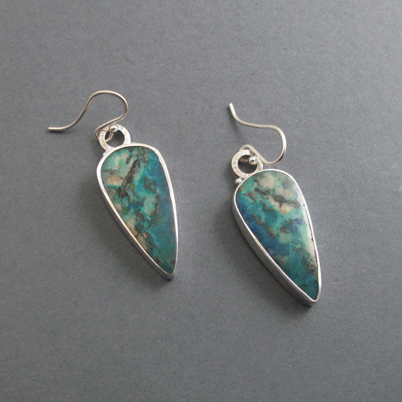 Chrysocolla Dangle Earrings, Sterling Silver, Vivid Blue Green Teardrop Cabochon, Natural Gemstone, Handmade Jewelry