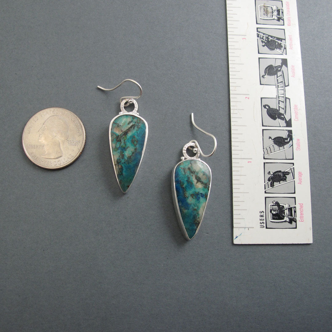 Chrysocolla Dangle Earrings, Sterling Silver, Vivid Blue Green Teardrop Cabochon, Natural Gemstone, Handmade Jewelry
