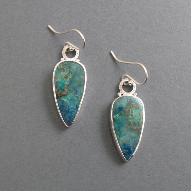 Blue Green Azurite Chrysocolla Teardrop Earrings, Handmade Sterling Silver, Dramatic Statement Cabochon Dangles