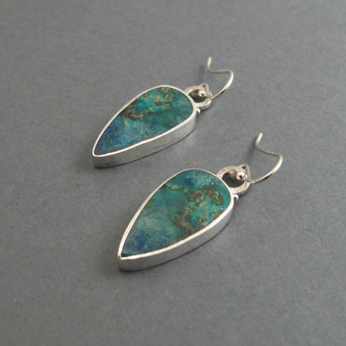 Blue Green Azurite Chrysocolla Teardrop Earrings, Handmade Sterling Silver, Dramatic Statement Cabochon Dangles