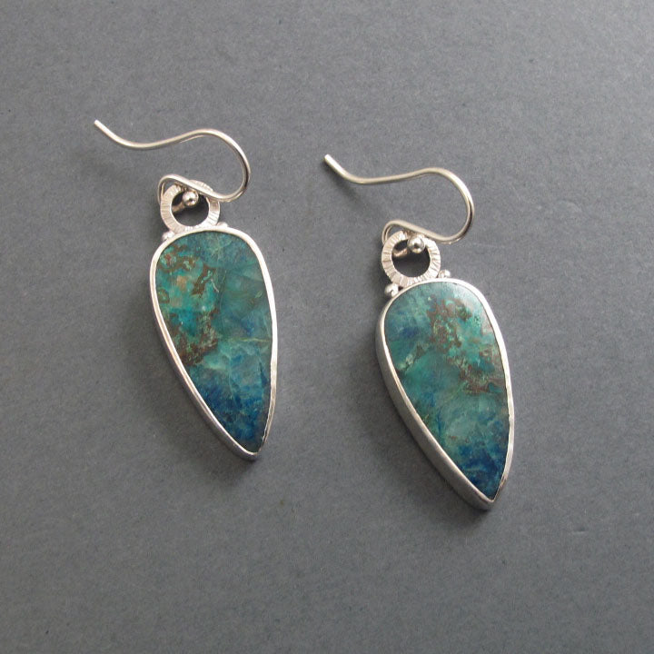 Blue Green Azurite Chrysocolla Teardrop Earrings, Handmade Sterling Silver, Dramatic Statement Cabochon Dangles