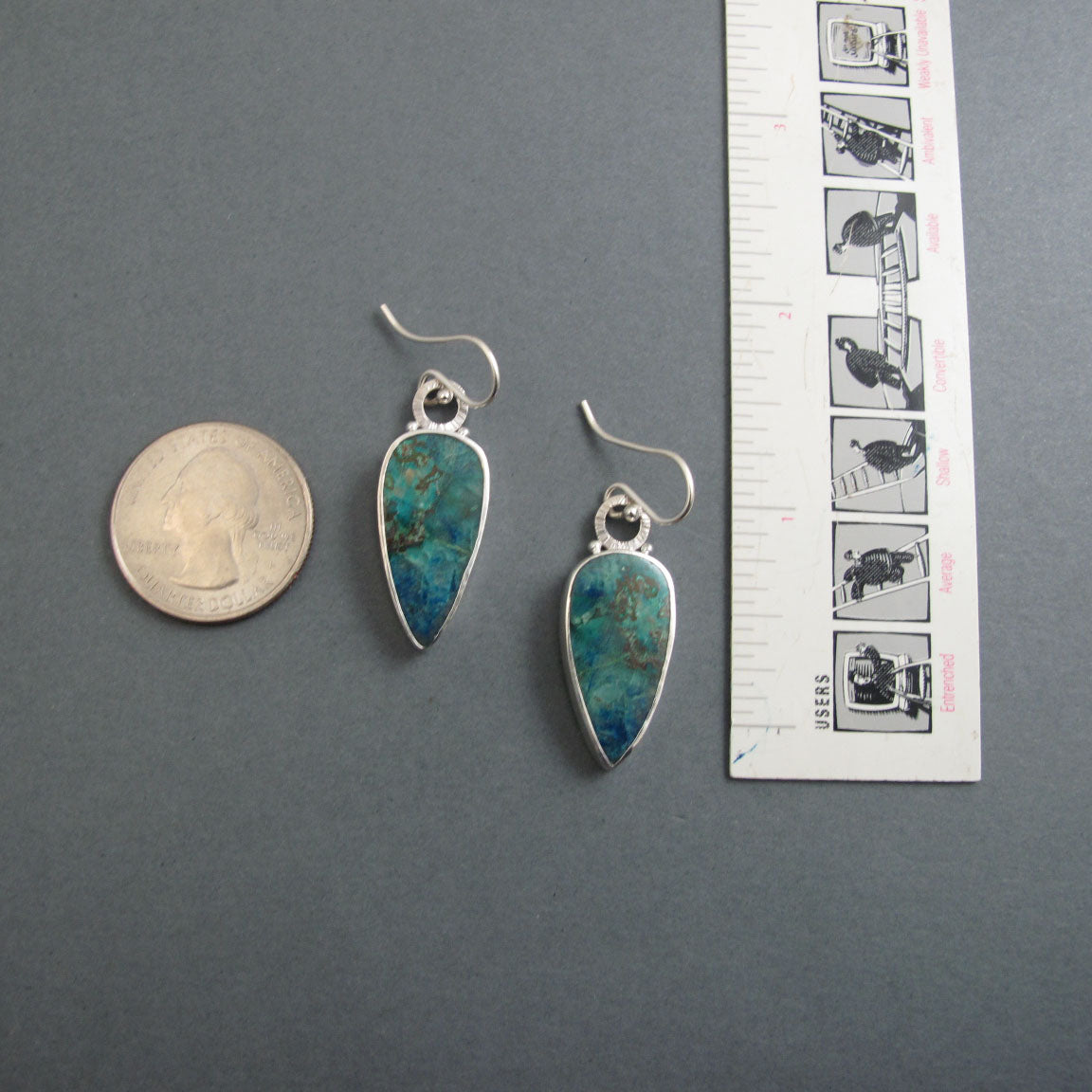 Blue Green Azurite Chrysocolla Teardrop Earrings, Handmade Sterling Silver, Dramatic Statement Cabochon Dangles