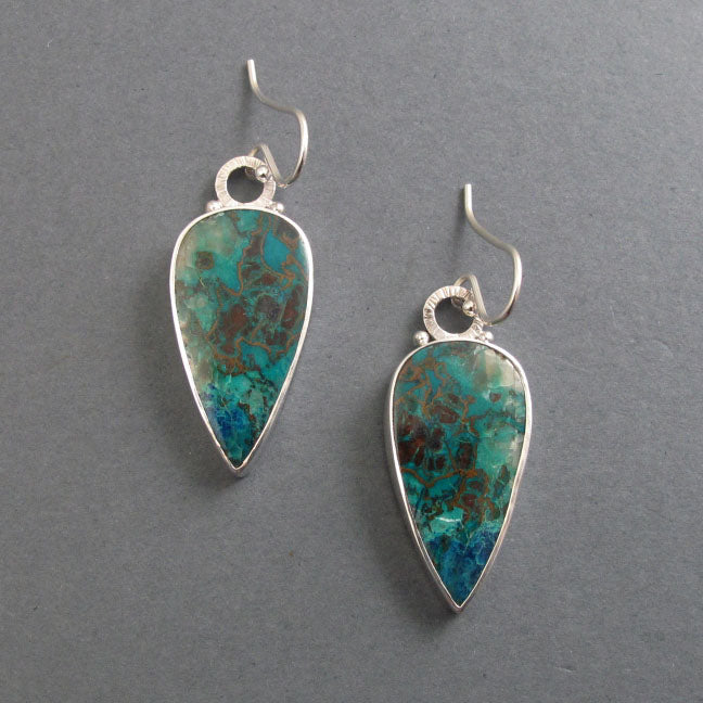 Chrysocolla Dangle Earrings, Sterling Silver, Blue Green Teardrop Cabochon, Natural Gemstone, Handmade Statement Jewelry