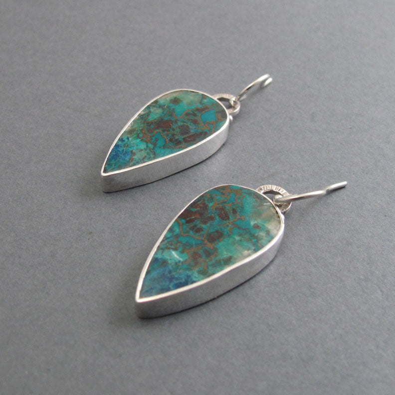 Chrysocolla Dangle Earrings, Sterling Silver, Blue Green Teardrop Cabochon, Natural Gemstone, Handmade Statement Jewelry