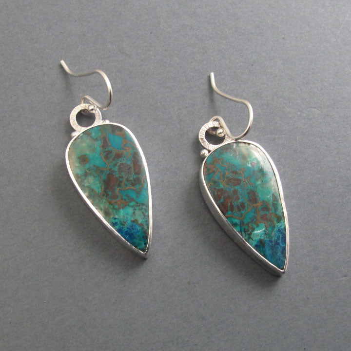 Chrysocolla Dangle Earrings, Sterling Silver, Blue Green Teardrop Cabochon, Natural Gemstone, Handmade Statement Jewelry