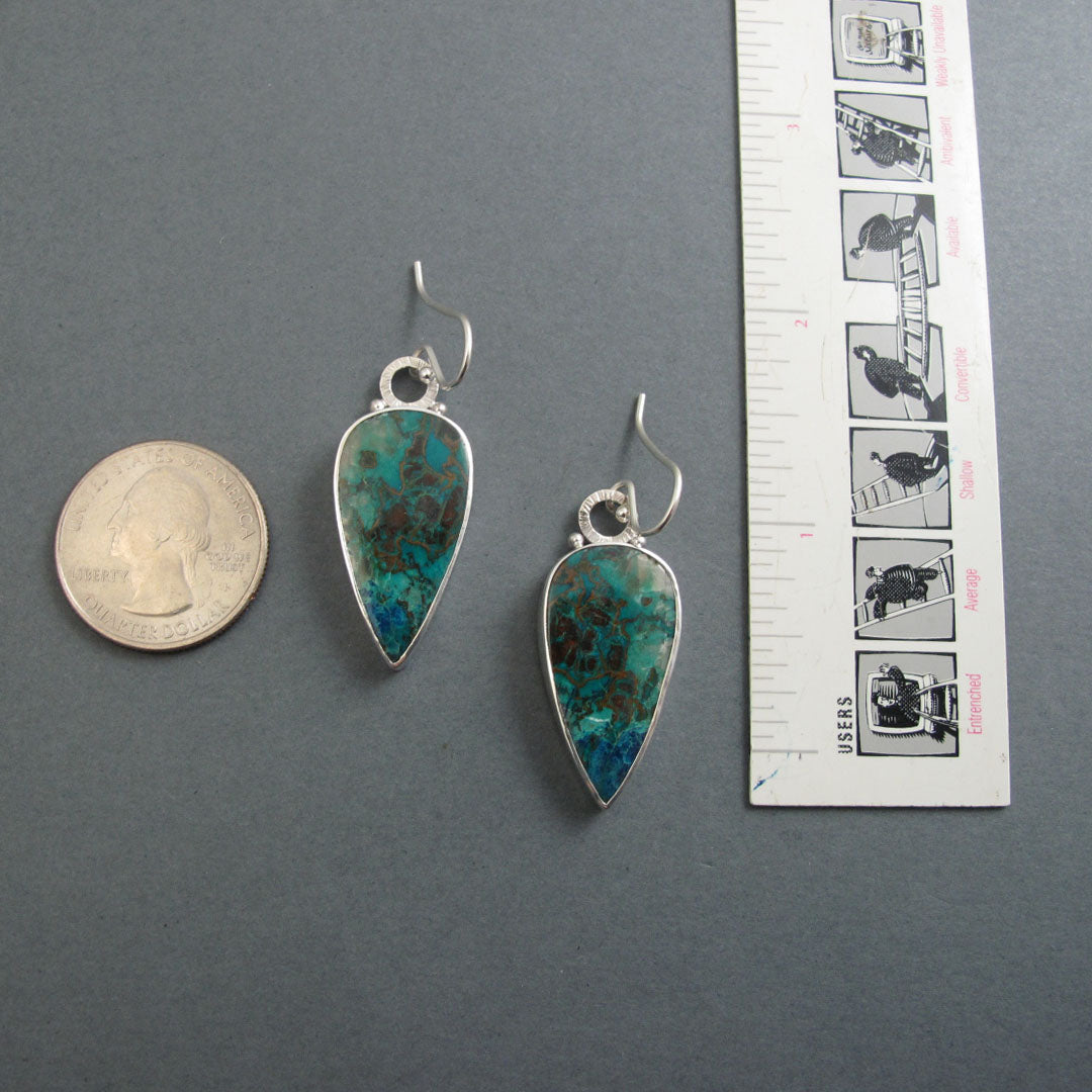 Chrysocolla Dangle Earrings, Sterling Silver, Blue Green Teardrop Cabochon, Natural Gemstone, Handmade Statement Jewelry