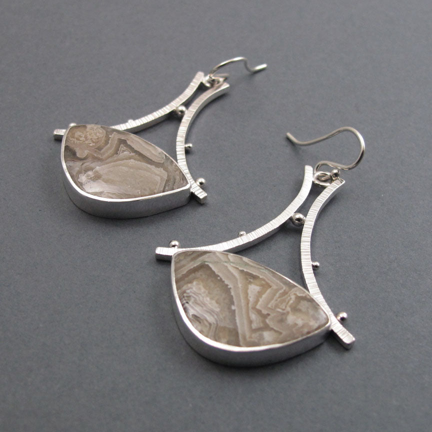 Crazy Lace Agate Dangle Earrings, Sterling Silver, Cream Tan Triangle Cabochon, Handmade Statement Jewelry