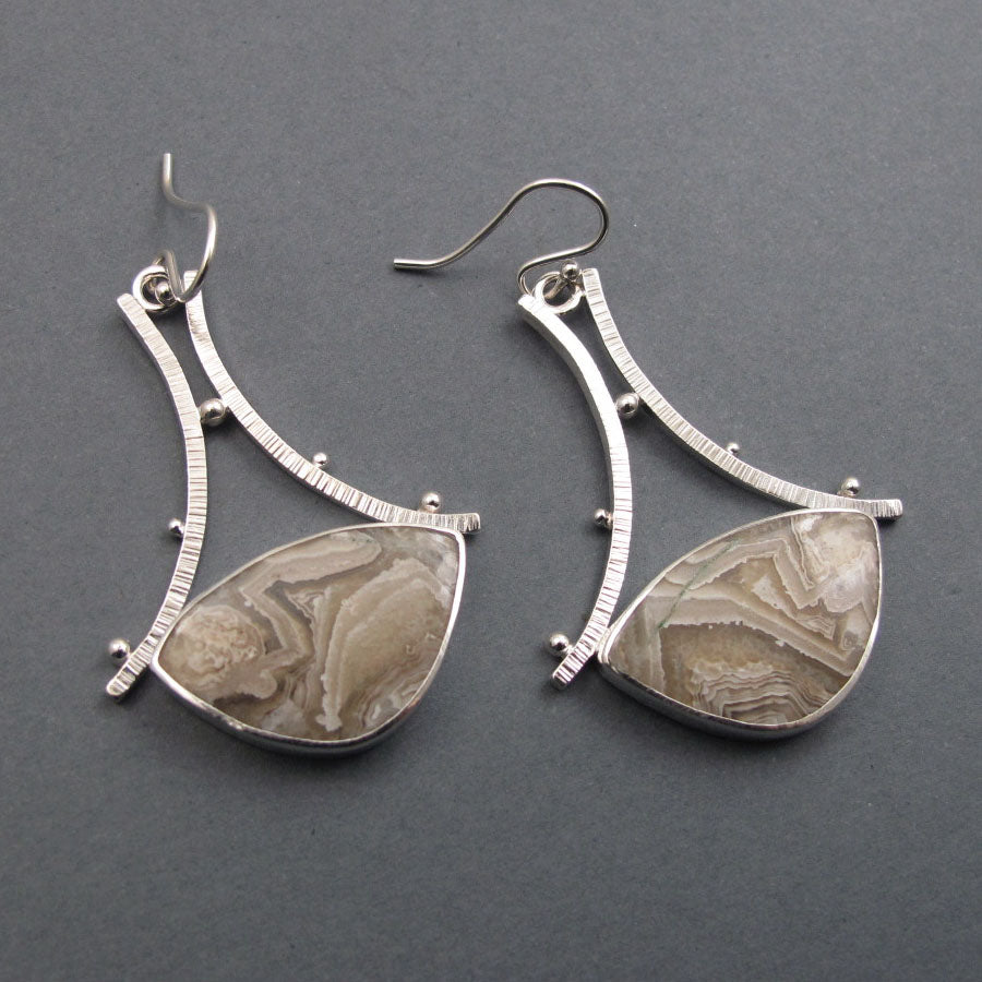 Crazy Lace Agate Dangle Earrings, Sterling Silver, Cream Tan Triangle Cabochon, Handmade Statement Jewelry