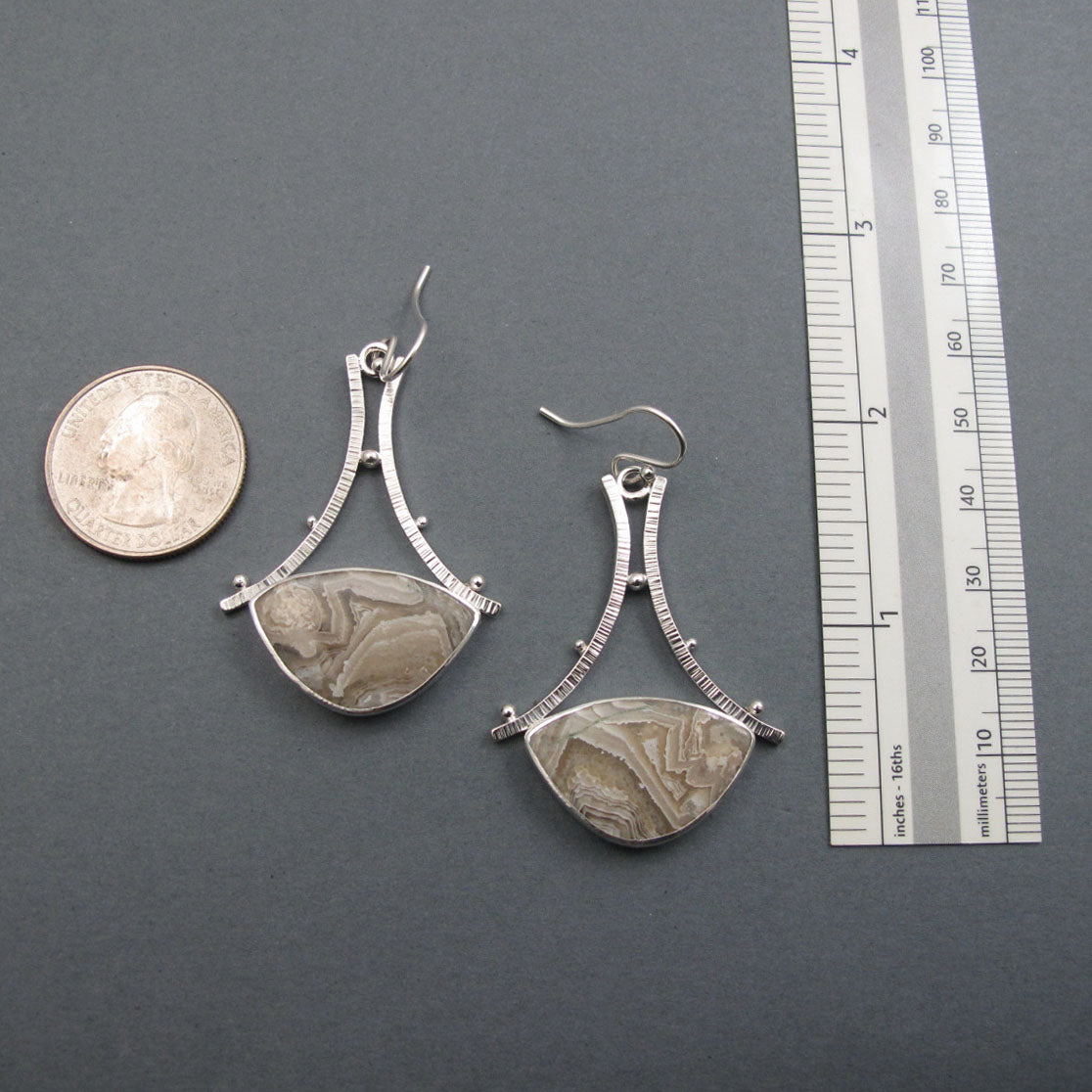 Crazy Lace Agate Dangle Earrings, Sterling Silver, Cream Tan Triangle Cabochon, Handmade Statement Jewelry
