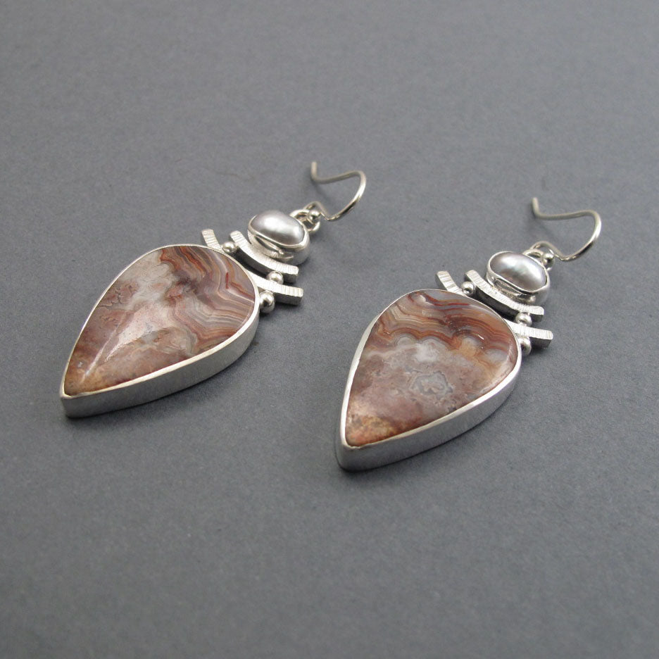Crazy Lace Agate, Freshwater Pearl, Dangle Earrings, Sterling Silver, Two Stone Cabochon, Handmade Jewelry
