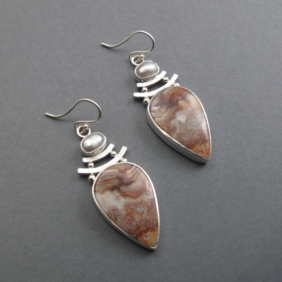 Crazy Lace Agate, Freshwater Pearl, Dangle Earrings, Sterling Silver, Two Stone Cabochon, Handmade Jewelry