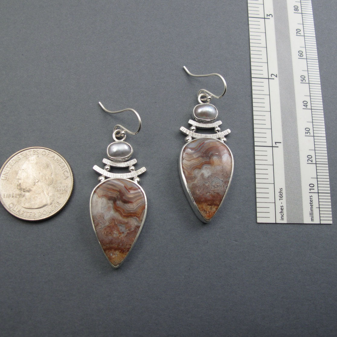 Crazy Lace Agate, Freshwater Pearl, Dangle Earrings, Sterling Silver, Two Stone Cabochon, Handmade Jewelry
