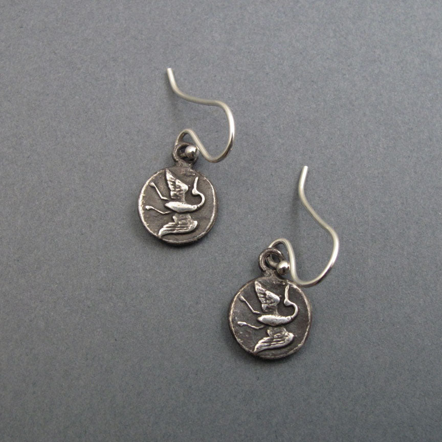Upcycled Antique Victorian Button Jewelry, Flying Crane Sterling Silver Feminist Earrings, Bird Talisman