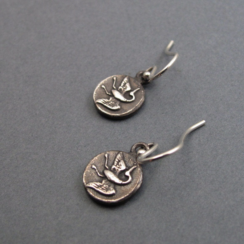 Upcycled Antique Victorian Button Jewelry, Flying Crane Sterling Silver Feminist Earrings, Bird Talisman