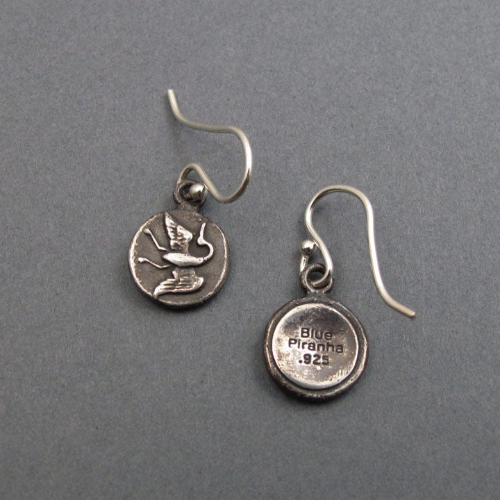 Upcycled Antique Victorian Button Jewelry, Flying Crane Sterling Silver Feminist Earrings, Bird Talisman