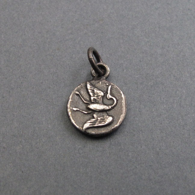 Victorian Button Sterling Silver Pendant, Flying Crane Jewelry, Feminist Symbolism Necklace, Minimalist Bird Jewelry