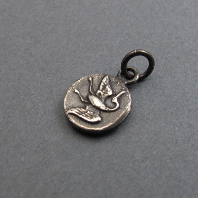 Victorian Button Sterling Silver Pendant, Flying Crane Jewelry, Feminist Symbolism Necklace, Minimalist Bird Jewelry
