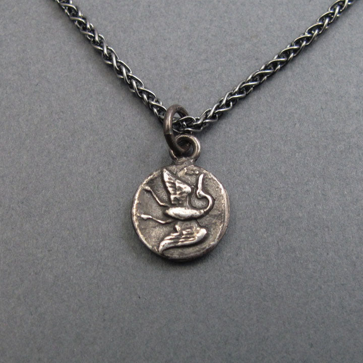 Victorian Button Sterling Silver Pendant, Flying Crane Jewelry, Feminist Symbolism Necklace, Minimalist Bird Jewelry