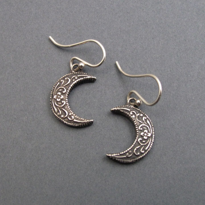 Floral Crescent Moon Earrings, Sterling Silver, Celestial Dangle Earrings, Witchy Gift, Motivational Feminist Jewelry