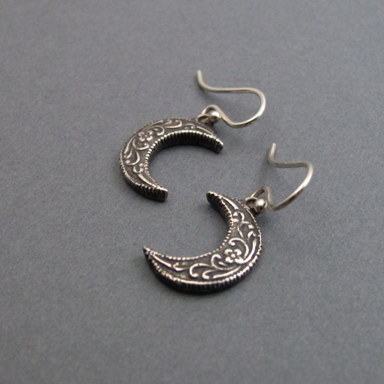 Floral Crescent Moon Earrings, Sterling Silver, Celestial Dangle Earrings, Witchy Gift, Motivational Feminist Jewelry