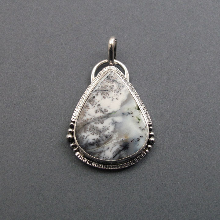 Black and White Merlinite, Dendritic Opal Pendant Teardrop, Winter Scene Silver Pendant, Opal Teardrop Necklace Silver