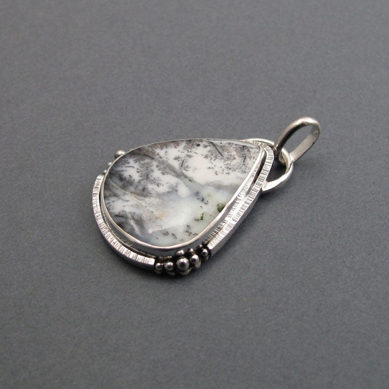 Black and White Merlinite, Dendritic Opal Pendant Teardrop, Winter Scene Silver Pendant, Opal Teardrop Necklace Silver