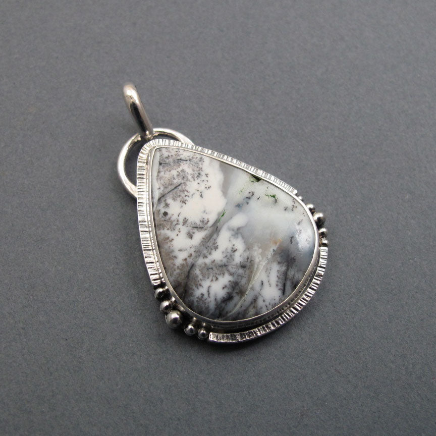 Black and White Merlinite, Dendritic Opal Pendant Teardrop, Winter Scene Silver Pendant, Opal Teardrop Necklace Silver