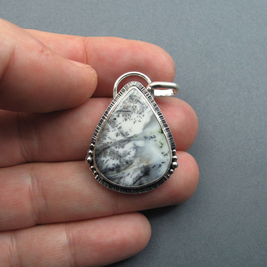 Black and White Merlinite, Dendritic Opal Pendant Teardrop, Winter Scene Silver Pendant, Opal Teardrop Necklace Silver