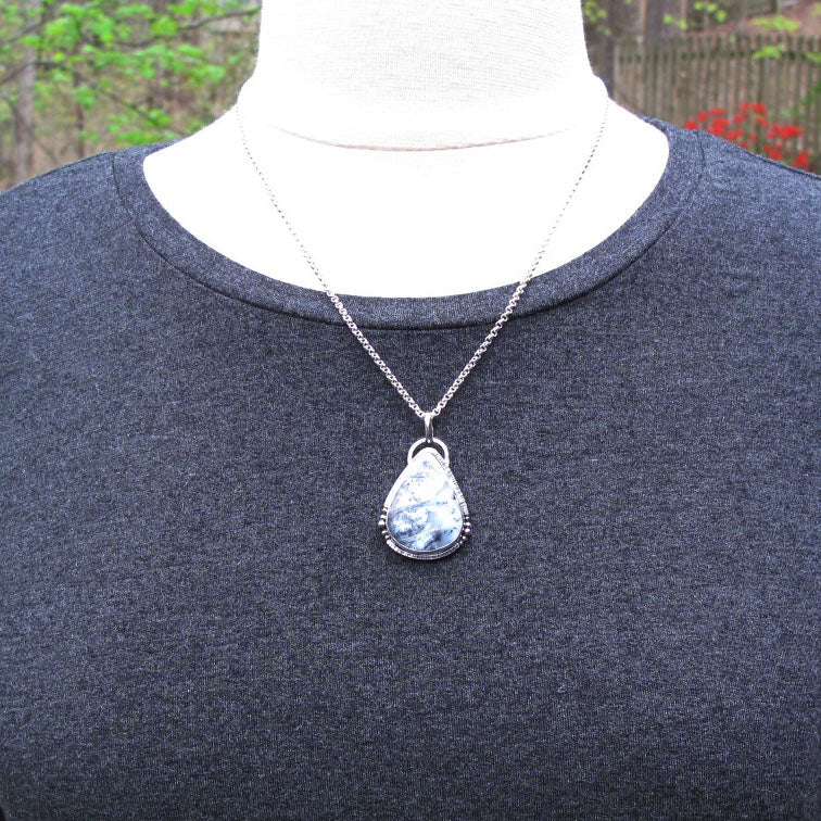 Black and White Merlinite, Dendritic Opal Pendant Teardrop, Winter Scene Silver Pendant, Opal Teardrop Necklace Silver