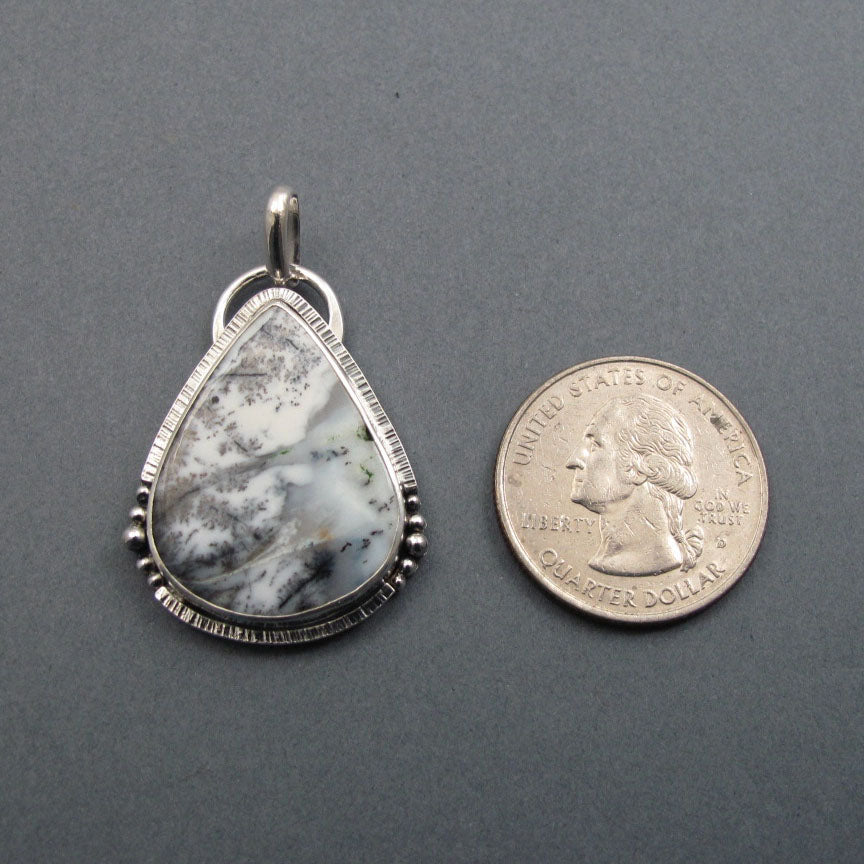 Dendritic Opal Pendant, Sterling Silver, Black White Teardrop Cabochon, Winter Scene Natural Stone