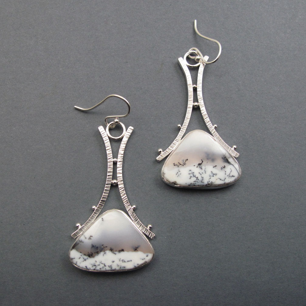 Dendritic Opal Dangle Earrings, Sterling Silver, Black White Triangle Cabochon, A-Frame Design, Handmade Jewelry