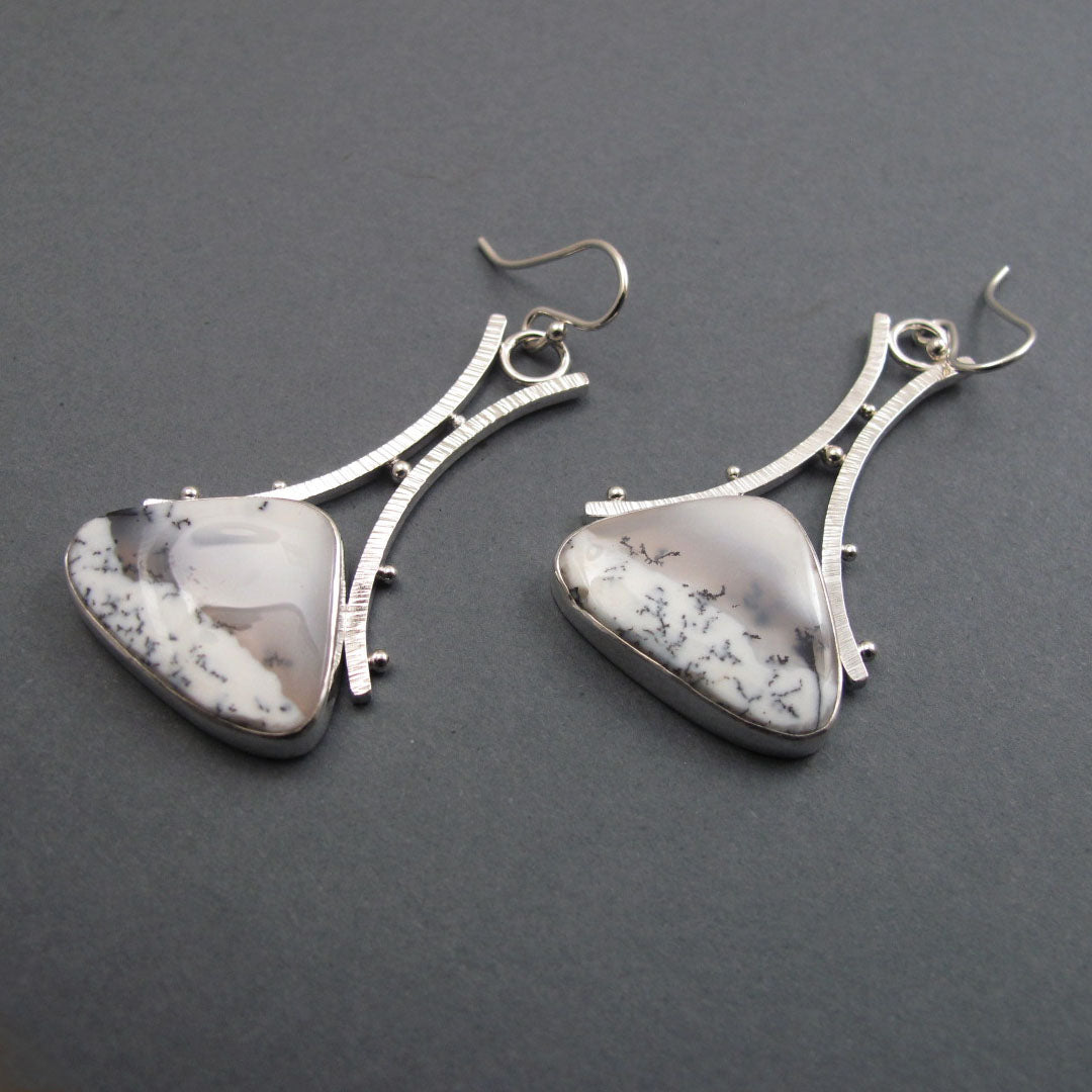 Dendritic Opal Dangle Earrings, Sterling Silver, Black White Triangle Cabochon, A-Frame Design, Handmade Jewelry