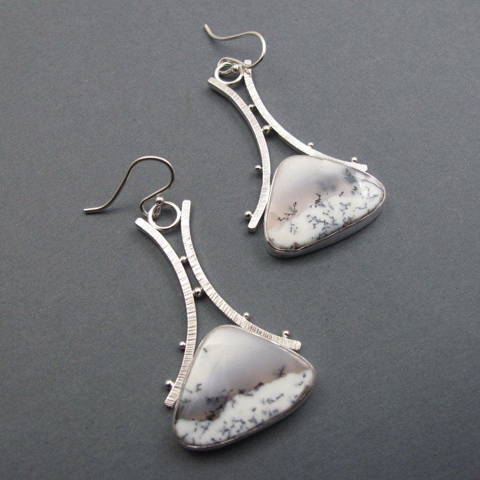 Dendritic Opal Dangle Earrings, Sterling Silver, Black White Triangle Cabochon, A-Frame Design, Handmade Jewelry