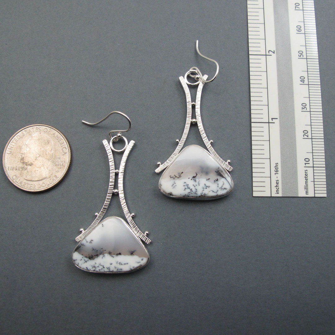 Dendritic Opal Dangle Earrings, Sterling Silver, Black White Triangle Cabochon, A-Frame Design, Handmade Jewelry
