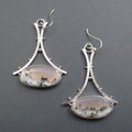 Dendritic Opal Dangle Earrings, Sterling Silver, White Pink Oval Cabochon, A-Frame, Handmade Statement Jewelry