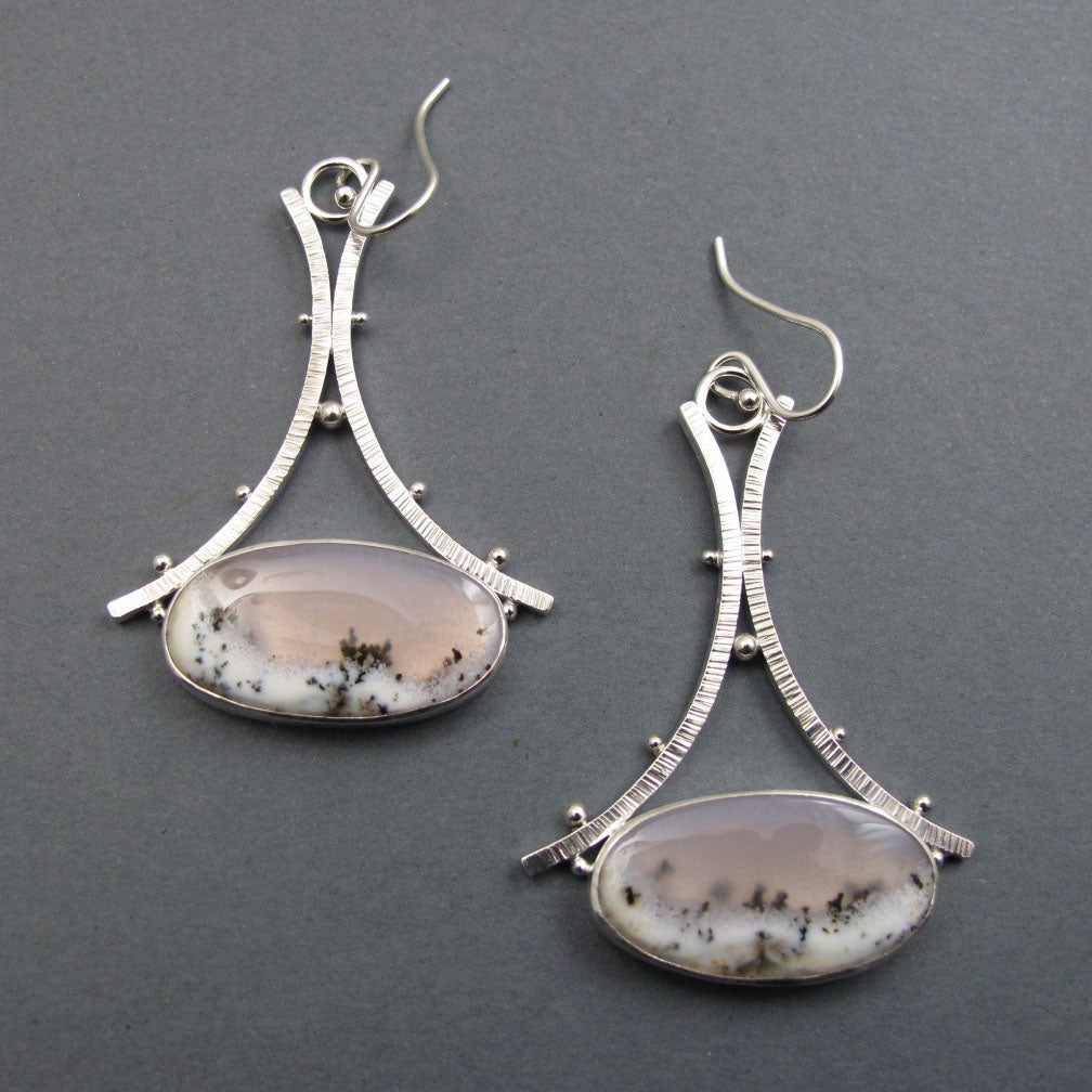 Dendritic Opal Dangle Earrings, Sterling Silver, White Pink Oval Cabochon, A-Frame, Handmade Statement Jewelry