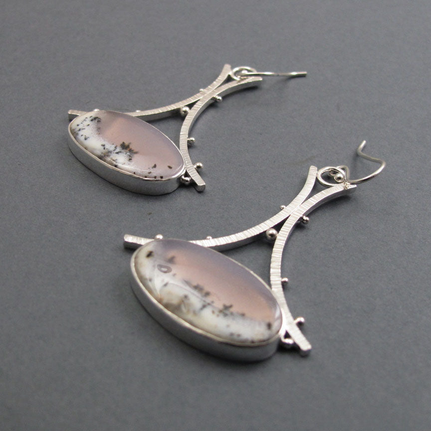 Dendritic Opal Dangle Earrings, Sterling Silver, White Pink Oval Cabochon, A-Frame, Handmade Statement Jewelry