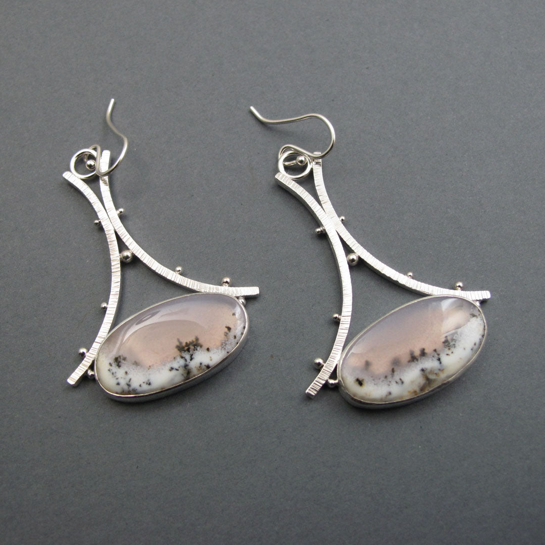 Dendritic Opal Dangle Earrings, Sterling Silver, White Pink Oval Cabochon, A-Frame, Handmade Statement Jewelry