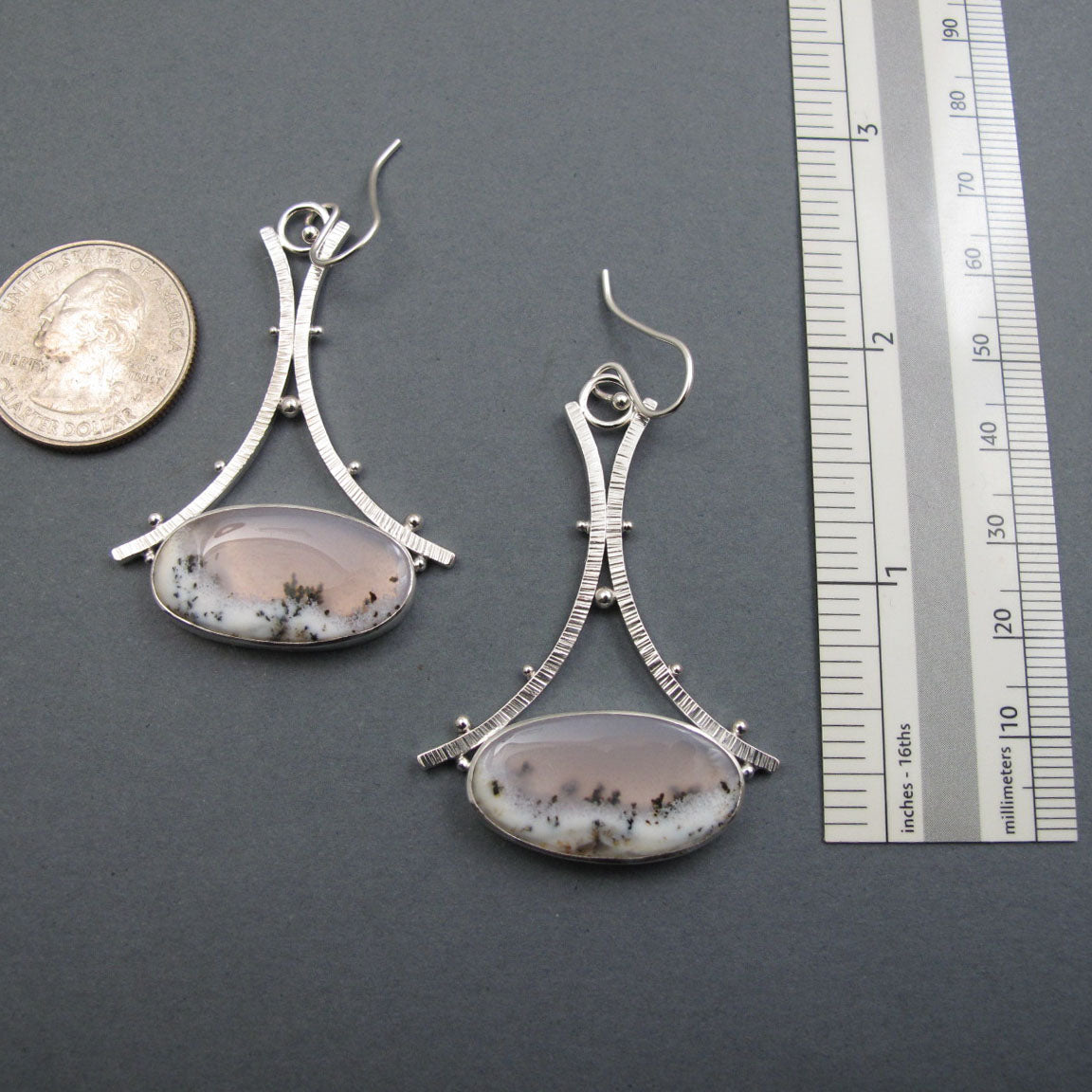 Dendritic Opal Dangle Earrings, Sterling Silver, White Pink Oval Cabochon, A-Frame, Handmade Statement Jewelry