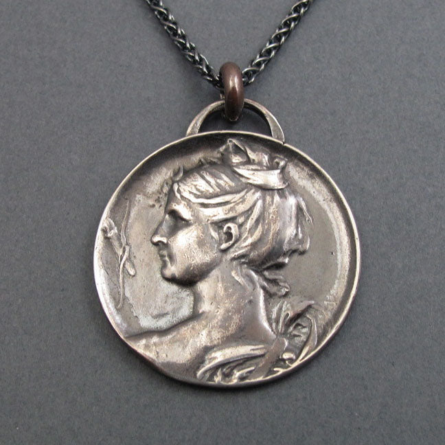 Artemis Sterling Silver Statement Pendant, Greek Goddess Diana, Upcycled Antique French Button Jewelry