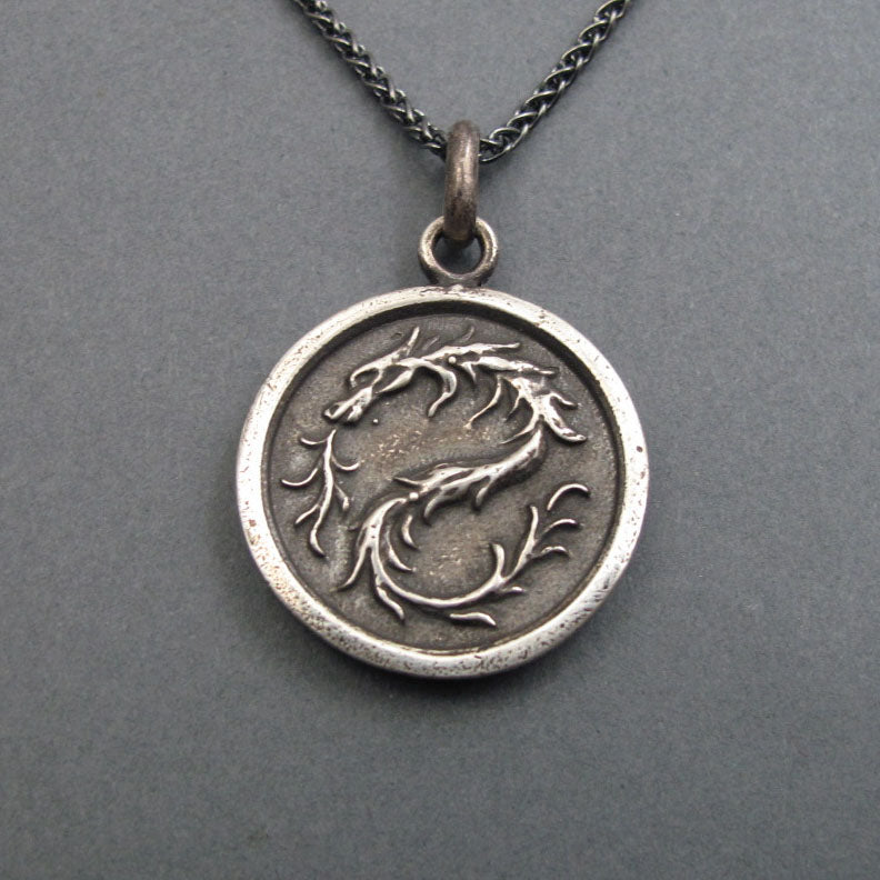 Guardian Necklace Dragon Medallion, Sterling Silver Protector Necklace, French Military, Antique Victorian Button Jewelry