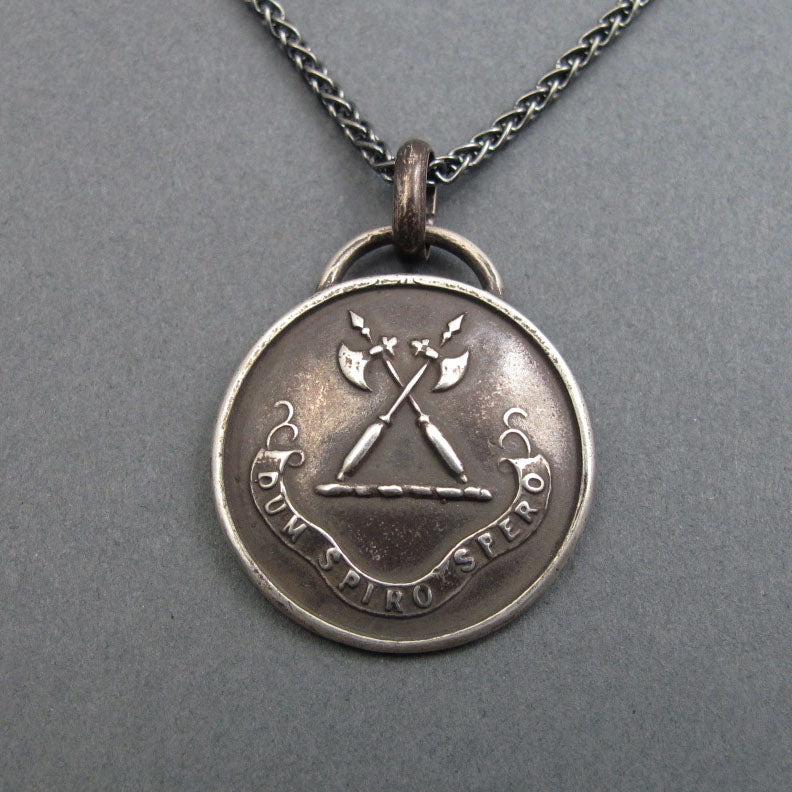 Motivational Motto Pendant, While I Breathe I Hope, Heraldic Victorian Button Jewelry, Sterling Silver