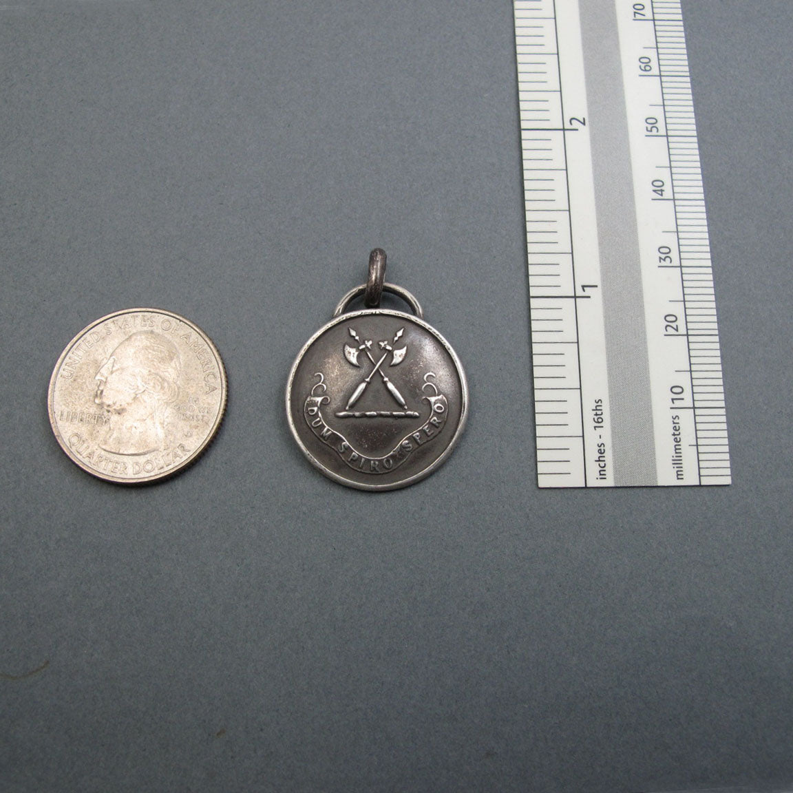 Motivational Motto Pendant, While I Breathe I Hope, Heraldic Victorian Button Jewelry, Sterling Silver