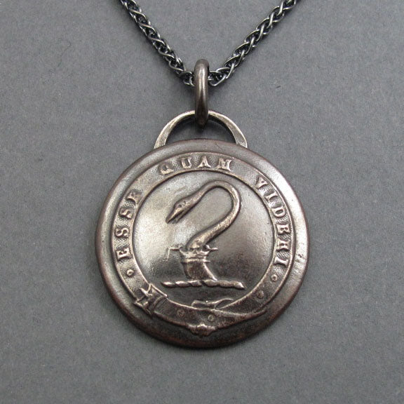 To Be Rather Than to Seem, Sterling Silver Motto Pendant, Swan, Crown, Heraldic Necklace